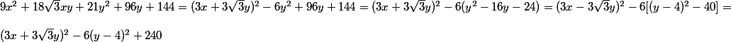 9x^2 + 18 \sqrt 3 xy + 21y^2 + 96y + 144 = (3x + 3 \sqrt 3 y)^2 - 6y^2 + 96y + 144 = (3x + 3 \sqrt 3 y)^2 - 6 (y^2 - 16y - 24) = (3x - 3 \sqrt 3 y)^2 - 6[(y - 4)^2 - 40] = 
 \\ 
 \\ (3x + 3 \sqrt 3 y)^2 - 6(y - 4)^2 + 240